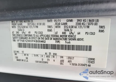 2015 Ford Transit from USA, damaged, VIN 1FTNE1ZMXFKB00462